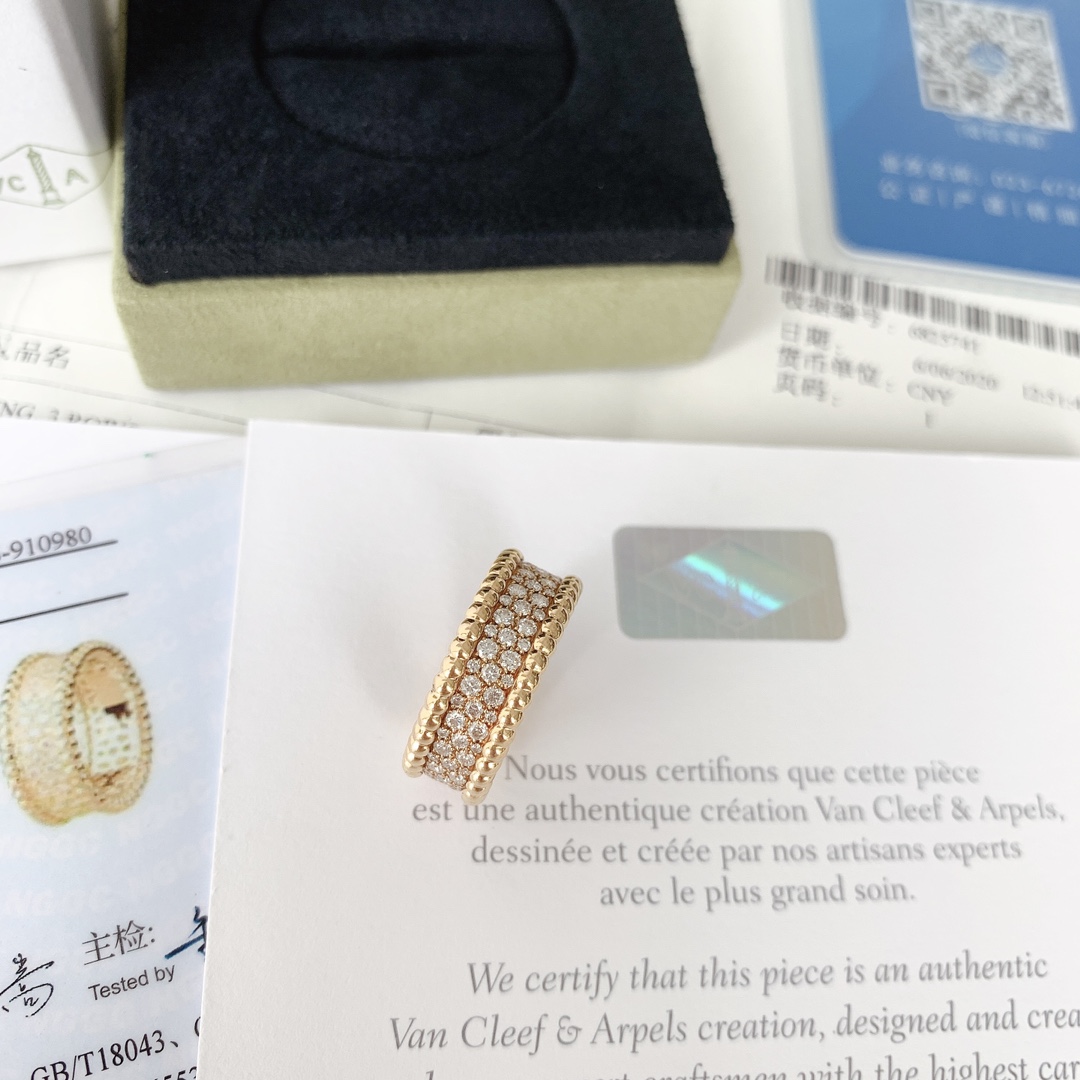 VCA梵克雅宝 Perlee diamonds系列满钻滚珠18k黄金戒指 宽版镶嵌三圈钻石